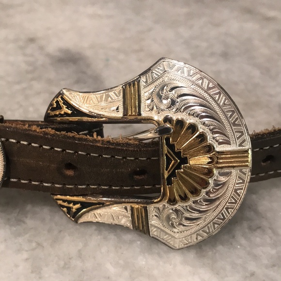 Vintage Western Belt Womens 34 Blue Woven Gold SilverTone Buckle Leather Cowgirl - Picture 2 of 13